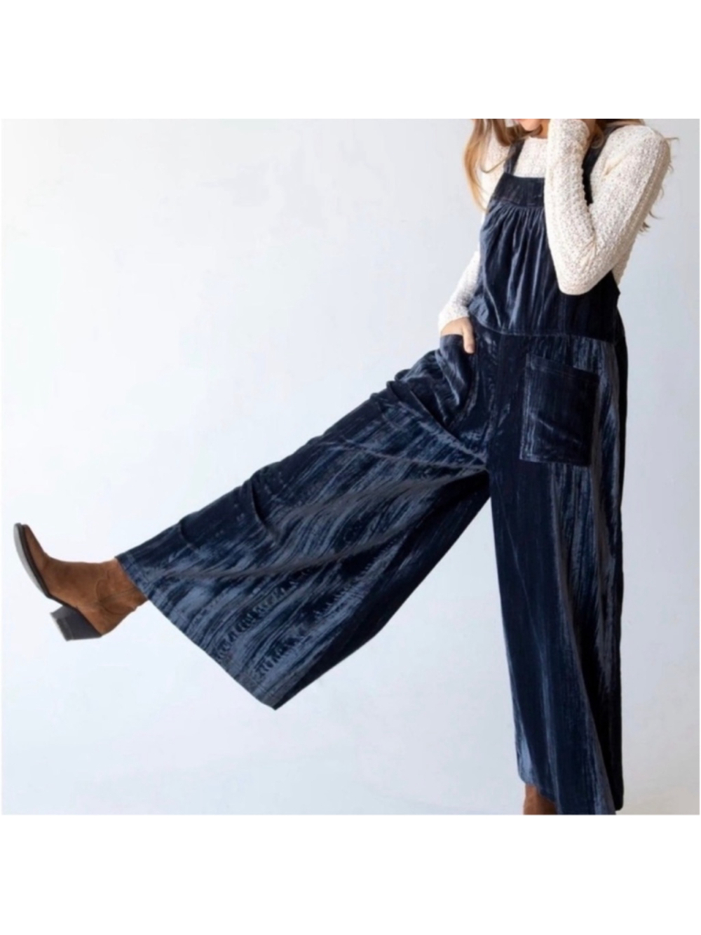 Natural Life Velvet Jumpsuit Size M Blue Wide Leg - Picture 4 of 9